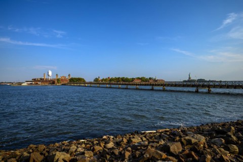 Views on New York Harbor, Manhattan and Statue of Liberty from the Liberty State Park, Jersey City,