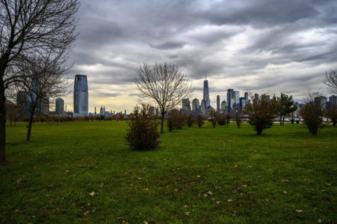 Views on New York Harbor, Manhattan and Statue of Liberty from the Liberty State Park, Jersey City,