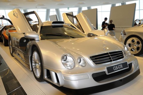 Museum, Mercedes-Benz Museum, Stuttgart, A silver Mercedes-Benz CLK GTR with open gullwing doors in