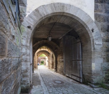 View through the Kobolzell Gate, Rothenburg ob der Tauber, Middle Franconia, Bavaria, Germany,