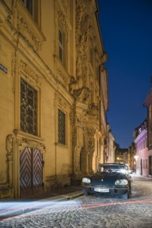 Stadtpalais Boettingerhaus and vintage Citroen DS at dusk, Bamberg, Upper Franconia, Bavaria,
