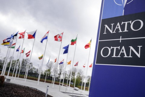 Symbolic image at the meeting of NATO foreign ministers. Brussels, 03.04.2024. Photographed on