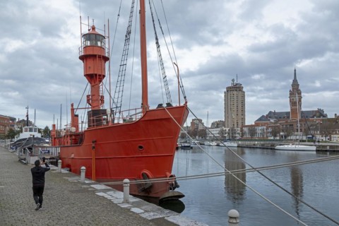 Lightship, boats, marina, skyscraper, houses, tower of the Hotel de Ville, town hall, Dunkirk,