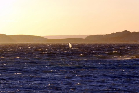 Marseille in the evening, A windsurfer glides over the ocean waves at sunset, Marseille,