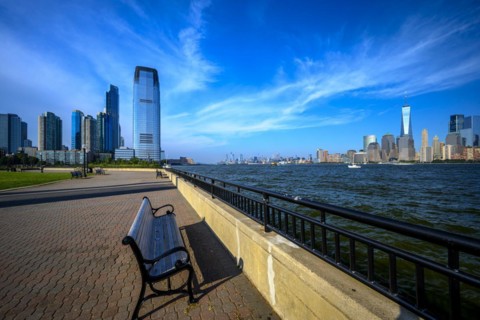 Views on New York Harbor, Manhattan and Statue of Liberty from the Liberty State Park, Jersey City,