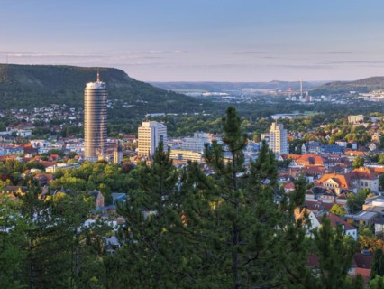 City view with JenTower and Friedrich Schiller University, view from Mount Landgrafen, Jena, Saale