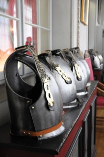 Langenburg Castle, row of decorated metal armour displayed on a windowsill, Langenburg Castle,