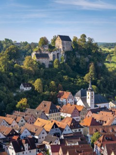 View of Pottenstein with castle, church and half-timbered houses, Townscape, Franconian