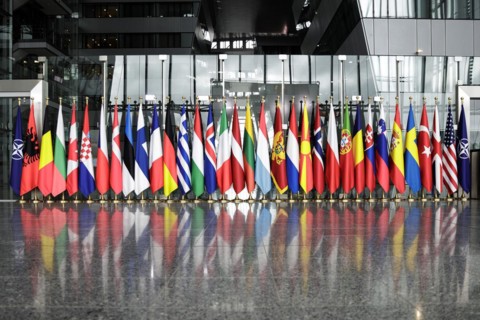 Symbolic image at the meeting of NATO foreign ministers. Brussels, 03.04.2024. Photographed on
