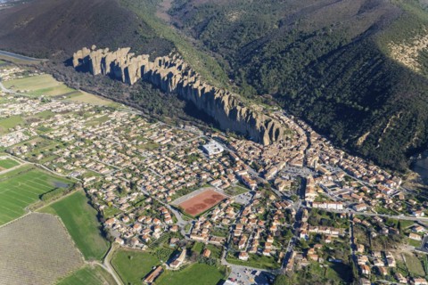 Aerial view of Les Mees, Provence-Alpes-Cote d'Azur Departement, Les Penitents, the penitents, rock