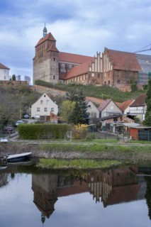 View over the Havel moat to Havelberg with St. Mary's Cathedral, Havelberg, Saxony-Anhalt, Germany,