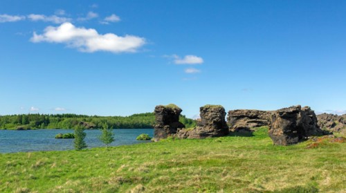 Hoefoi, Hoefdi, volcanic lava rock formations along lake Myvatn in summer, Norourland eystra,