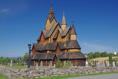 Heddal Stave Church in a green landscape, Notodden, Telemark, Norway, Europe