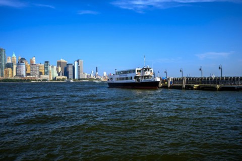 Views on New York Harbor, Manhattan and Statue of Liberty from the Liberty State Park, Jersey City,