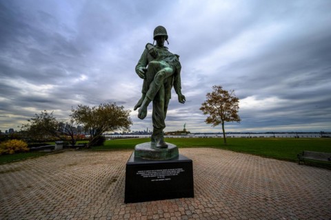 Views on New York Harbor, Manhattan and Statue of Liberty from the Liberty State Park, Jersey City,