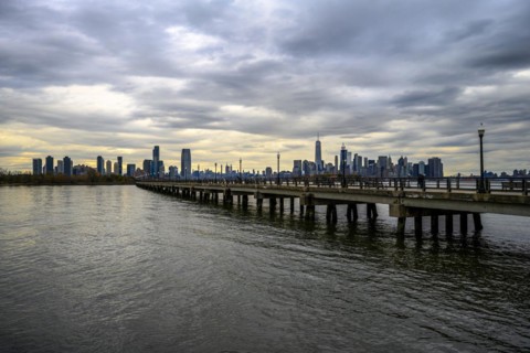 Views on New York Harbor, Manhattan and Statue of Liberty from the Liberty State Park, Jersey City,