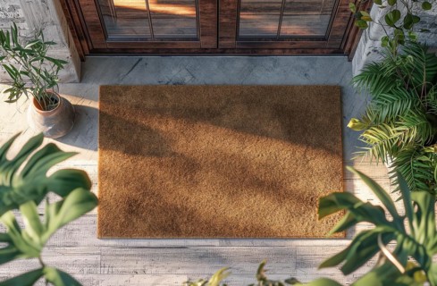 Blank welcome mat at custom front door of house. generative AI, AI generated