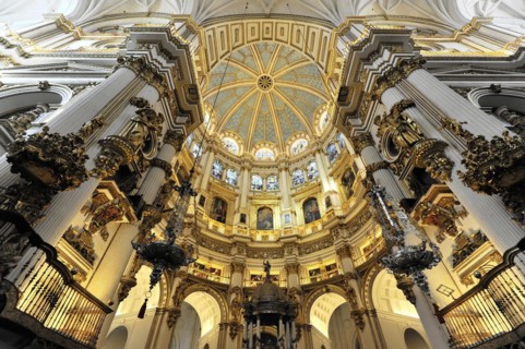 Santa Maria de la Encarnacion, Cathedral of Granada, wide angle view of a church dome in baroque