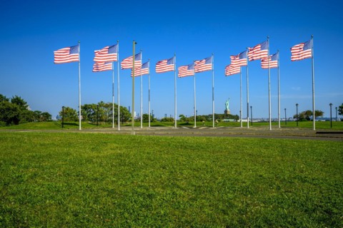Views on New York Harbor, Manhattan and Statue of Liberty from the Liberty State Park, Jersey City,