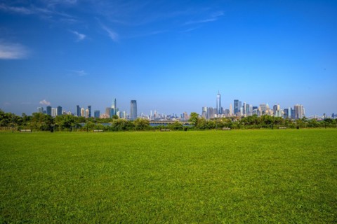 Views on New York Harbor, Manhattan and Statue of Liberty from the Liberty State Park, Jersey City,