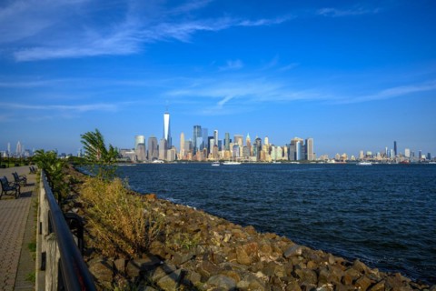 Views on New York Harbor, Manhattan and Statue of Liberty from the Liberty State Park, Jersey City,