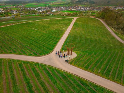 Viewpoint with circular structure amidst vineyards and paths in daylight, Jesus Grace Chruch,
