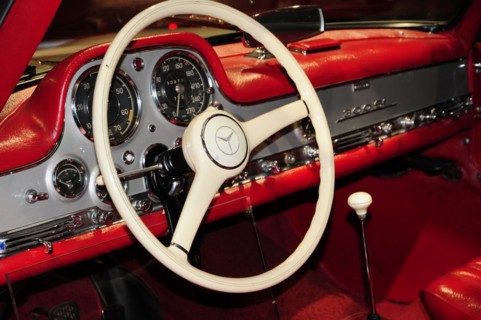 Museum, Mercedes-Benz Museum, Stuttgart, Detailed cockpit view of a vintage Mercedes with red
