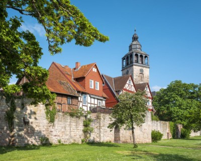 St Crucis Church, half-timbered houses and town wall of Allendorf, Hessisches Bergland, Werratal,