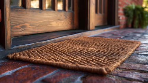 Blank welcome mat at custom front door of house. generative AI, AI generated