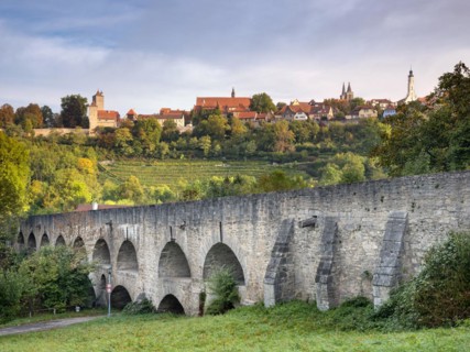 View from the medieval double bridge in the Tauber Valley, Tauberbruecke, of the historic old town,