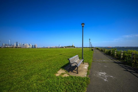 Views on New York Harbor, Manhattan and Statue of Liberty from the Liberty State Park, Jersey City,