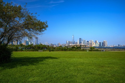 Views on New York Harbor, Manhattan and Statue of Liberty from the Liberty State Park, Jersey City,
