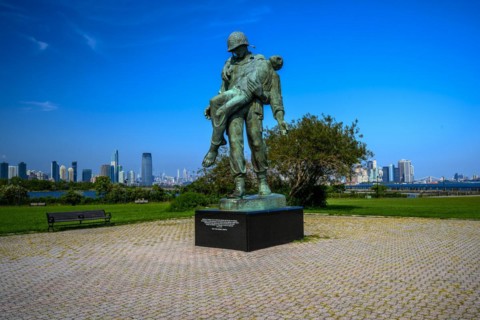 Views on New York Harbor, Manhattan and Statue of Liberty from the Liberty State Park, Jersey City,