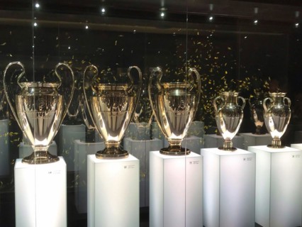 Football stadium Estadio Santiago Bernabeu, Champions League trophies, Real Madrid, Madrid, Spain,