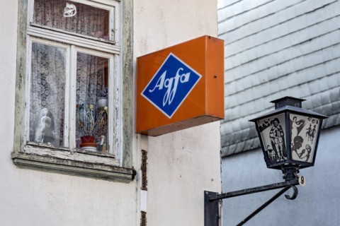 Cantilever sign, AGFA Film und Foto advertising sign, light box, abandoned photo shop, old window,