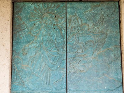 Church door with religious motifs, abbey church Santissima Trinita di Saccargia of the destroyed
