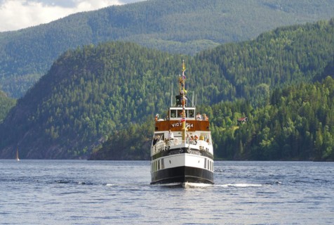 Historic canal boat MS Victoria on the Telemark Canal, mountains and lakes, shipping, historic