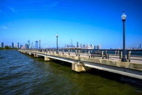 Views on New York Harbor, Manhattan and Statue of Liberty from the Liberty State Park, Jersey City,