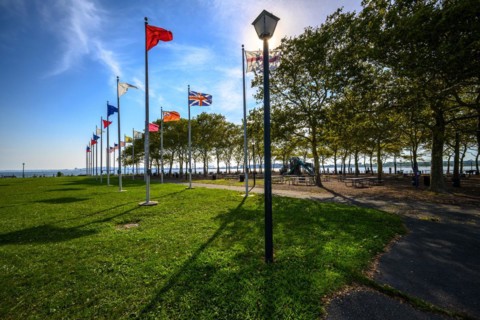 Views on New York Harbor, Manhattan and Statue of Liberty from the Liberty State Park, Jersey City,