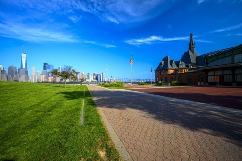 Views on New York Harbor, Manhattan and Statue of Liberty from the Liberty State Park, Jersey City,