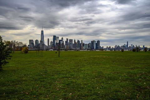 Views on New York Harbor, Manhattan and Statue of Liberty from the Liberty State Park, Jersey City,