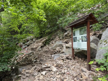 Landslide, mudflow, landslide, rockfall, buried hiking trail in the Bode Valley between Thale and