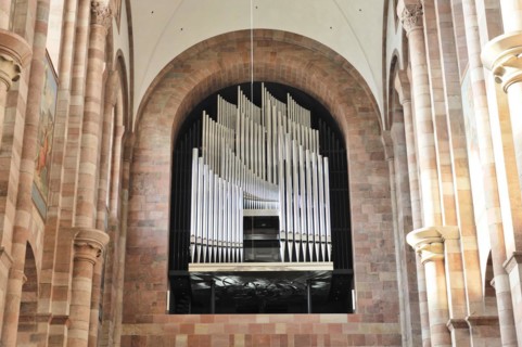 Speyer Cathedral, large church organ behind a grille, flanked by stone pillars, Speyer Cathedral,