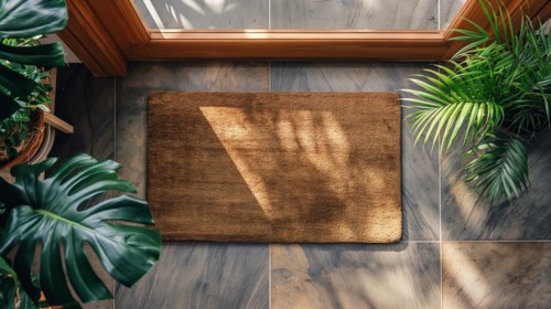 Blank welcome mat at custom front door of house. generative AI, AI generated