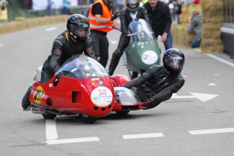 Team in a red sidecar motorbike during a race, SOLITUDE REVIVAL 2011, Stuttgart,