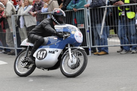 A motorbike racer on a closed-off track during a competition, SOLITUDE REVIVAL 2011, Stuttgart,
