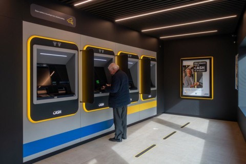 Elderly man collecting money from indoor ATM cash dispenser of bank neutral Bancontact CASH point