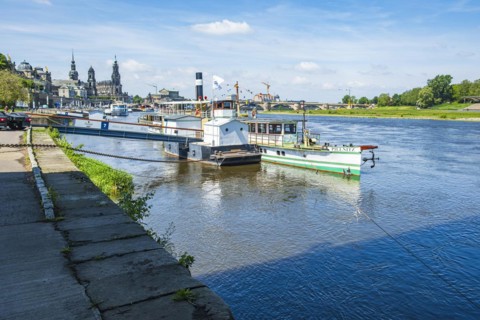 View of the historic old town ensemble and the steamer landing stage on the Terrassenufer in