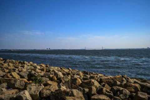 Views on New York Harbor, Manhattan and Statue of Liberty from the Liberty State Park, Jersey City,