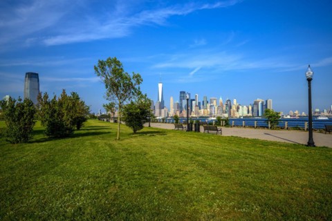 Views on New York Harbor, Manhattan and Statue of Liberty from the Liberty State Park, Jersey City,